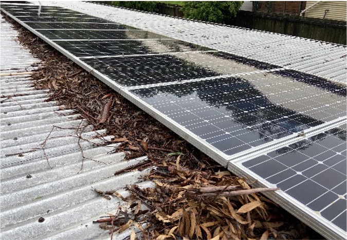Leaf litter building up under a solar panel. this should be cleaned to promote Cyclone Alfred & the Case for Solar Resilience in Australia